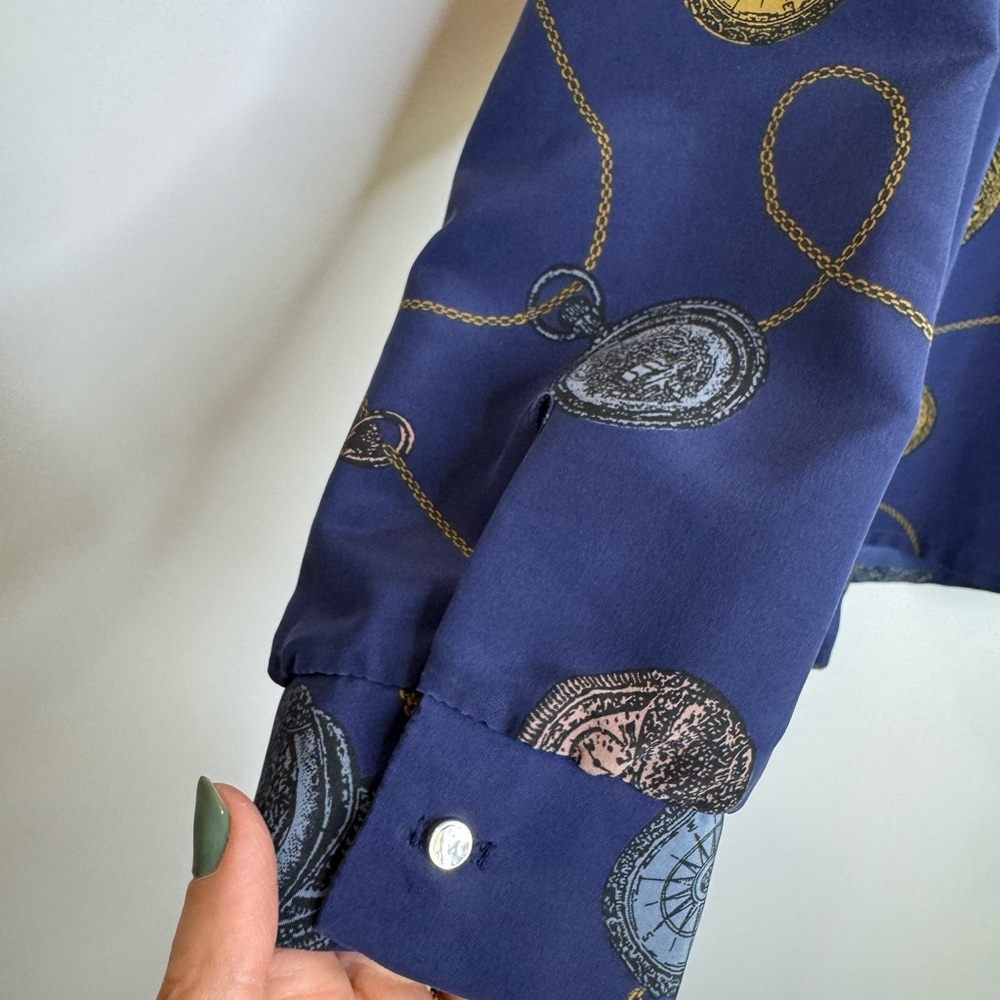 Vintage purple Button-Up Shirt with Clock Pattern novelty size 12 artsy quirky - Picture 6 of 11